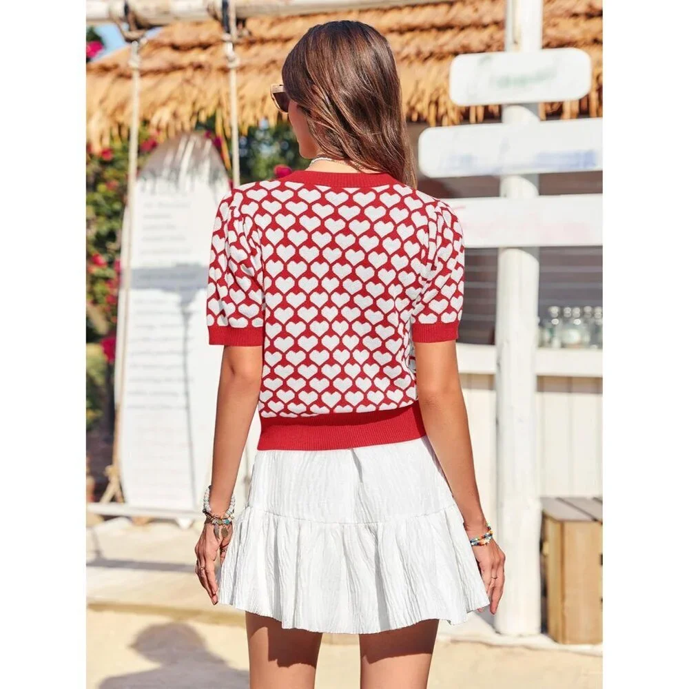 Women Puff Sleeve Sweater Cropped Knit Top Valentine's Day Cute Heart - Picture 3 of 5